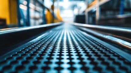 Conveyor Belt Close-Up in Warehouse Setting Highlighting Efficient Product Loading and Unloading in Logistics Operations
