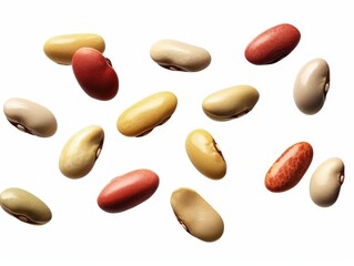 Colorful Collection of Various Beans Falling Against a White Background for Culinary and Nutritional Concepts