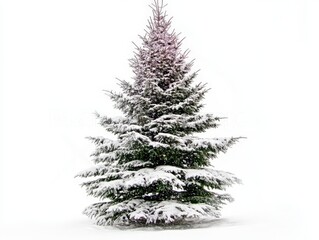Fototapeta premium A snow-covered evergreen tree set against a white background, evoking winter and holiday themes.