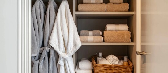 Fototapeta premium Cozy bathrobes and neatly folded towels arranged in an open closet creating a comfortable and inviting home atmosphere