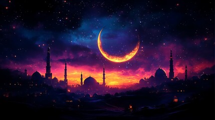 Crescent Moon Over Cityscape Night Sky Silhouettes