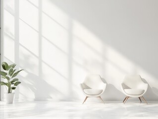A minimalist interior featuring two chairs and a plant, illuminated by natural light.