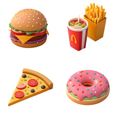 sauce mustard background olated burger icon meal 3d emoji combo design french 3d cartoon white bottle american rendering with hot fast creative set