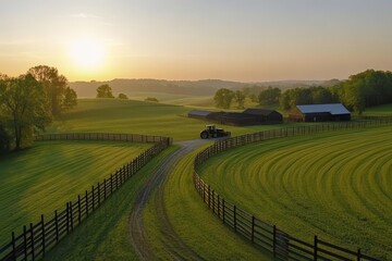 Fototapeta premium Sunrise over tranquil farm fields, tractor on dirt road.