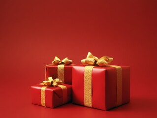 Obraz premium Three red gift boxes with golden ribbons on a red background, perfect for celebrations.