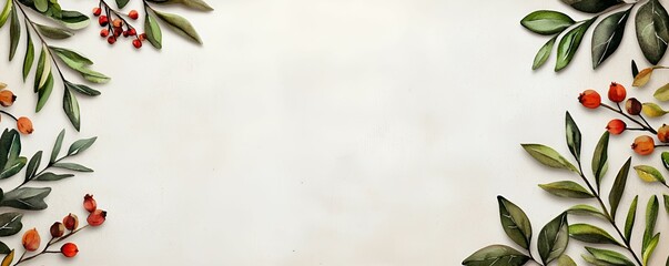 Fototapeta premium Rustic boho watercolor backdrop concept. Floral border design featuring leaves and berries on a blank background.