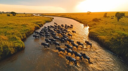 A vast herd of wildebeest migrates across a river at sunset.  Golden hour illuminates the savanna landscape.