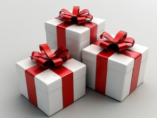 Obraz premium Three white gift boxes with red ribbons and bows, symbolizing celebration and giving.