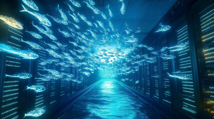 Obraz premium Underwater data center with bioluminescent fish swimming through corridor, showcasing unique blend of technology and nature. scene evokes sense of wonder and innovation