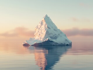 A serene iceberg rises from calm waters, reflecting pastel hues of the sky at dawn.