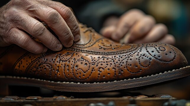 Close-up of hands stitching leather onto a shoe with expert craftsmanship