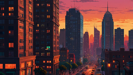 A vibrant pixel art cityscape at sunset, featuring towering skyscrapers with glowing windows, a bustling street below filled with pixelated cars and pedestrians, and a warm orange-pink sky in the back