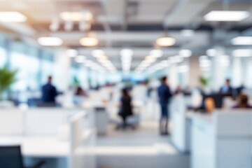 Open-plan office with employees working and walking, modern bright environment, blurred style, professional workspace concept. Ai generative