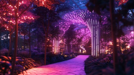A bio-engineered forest where glowing plants and animals coexist in harmony