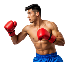 Side view of a a South East Asian male boxer wearing red boxing gloves