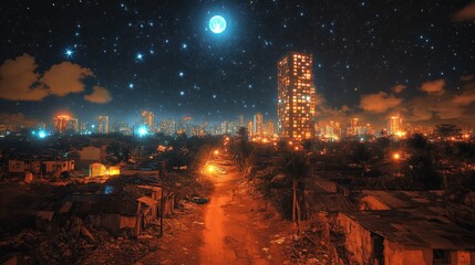 Obraz premium Night cityscape contrasting opulent skyscrapers with a humble slum under a vibrant, starlit sky and a large moon.