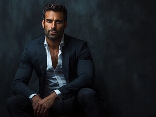 A confident man in a suit poses against a dark background, exuding professionalism and style.