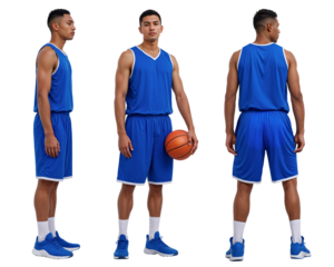 Full-body mockup of basketball player in blue jersey uniform – isolated on white background