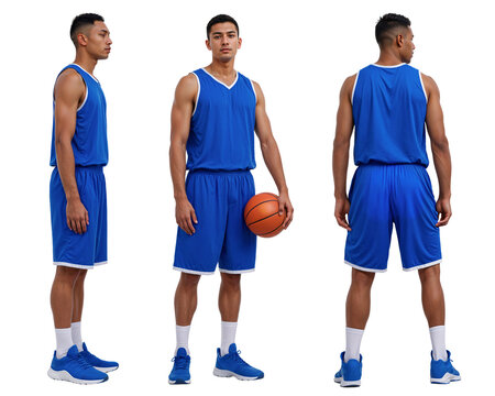 Full-body mockup of basketball player in blue jersey uniform – isolated on white background