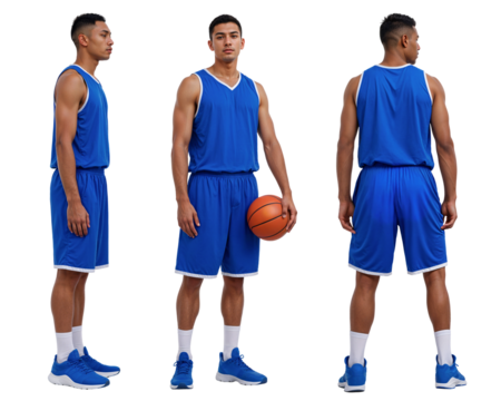 Full-body mockup of basketball player in blue jersey uniform – isolated on white background