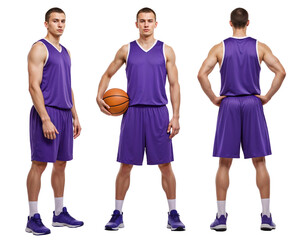 Purple basketball jersey and shorts mockup on athlete – isolated full-body views