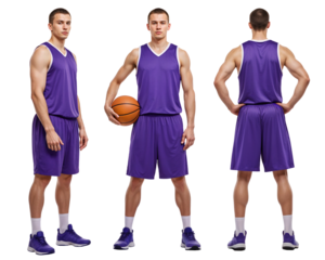 Purple basketball jersey and shorts mockup on athlete – isolated full-body views