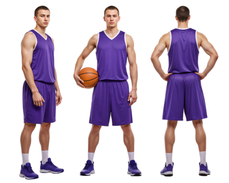 Purple basketball jersey and shorts mockup on athlete – isolated full-body views