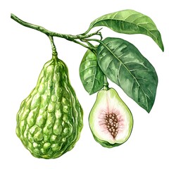 Naklejka premium Watercolor painting of a Kaffir lime fruit on a branch with leaves, one lime is cut to show the inside.