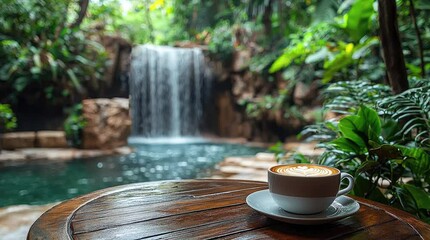 Cup of coffee by a serene tropical waterfall in lush greenery. Seamless looping 4k video background