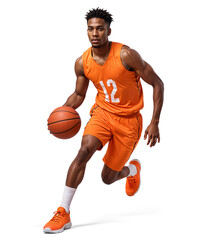 Black male basketball player in orange jersey with number 12 handling a ball, isolated