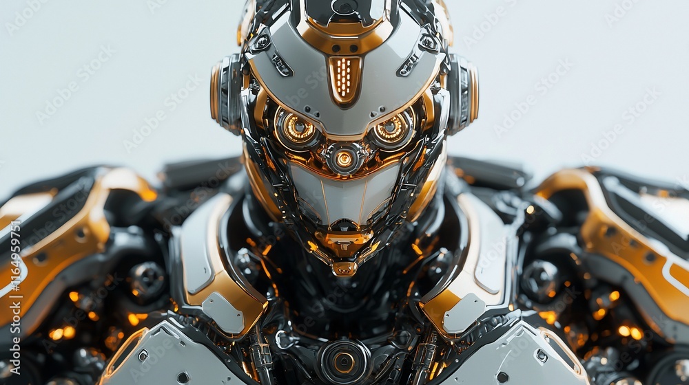Aufkleber futuristic robot, close-up view of its head and torso, detailed metallic design with gold and white 