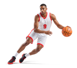 basketball player in white jersey doing sliding movement while dribbling a ball