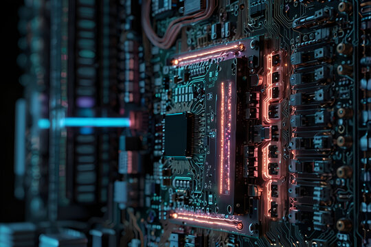 Default, An ultradetailed close-up of a high-tech motherboard, showcasing intricate circuitry and components with advanced engineering,