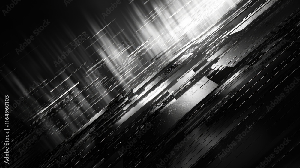 Wall mural abstract black and white digital design with dynamic lines and geometric shapes.