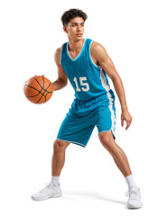 Naklejka premium Young hispanic basketball player, standing stance dribbling a ball