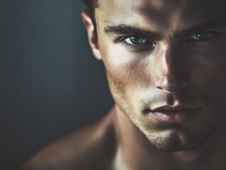 Obraz premium Close-up portrait of a young man with intense gaze and dramatic lighting.