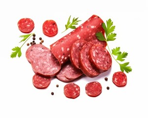 Freshly Sliced Sausage with Green Parsley and Black Peppercorns on White Background for Culinary Presentation and Recipe Ideas