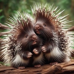 Porcupines bristling their quills defensively ;
