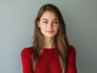 Obraz premium A young woman with long hair smiling against a neutral background.