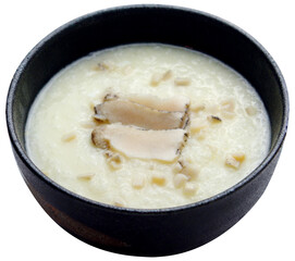Traditional Korean Abalone Porridge in Black Ceramic Bowl