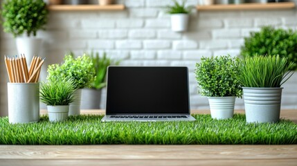Fototapeta premium A minimalist workspace featuring a laptop surrounded by greenery and decorative plants.