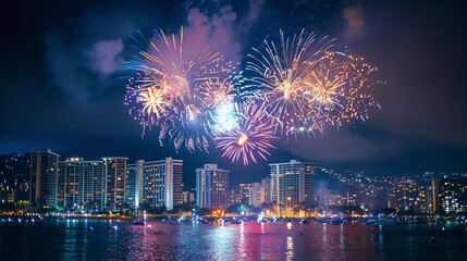 Obraz premium Spectacular Fireworks Display Over Waikiki Beach at Night