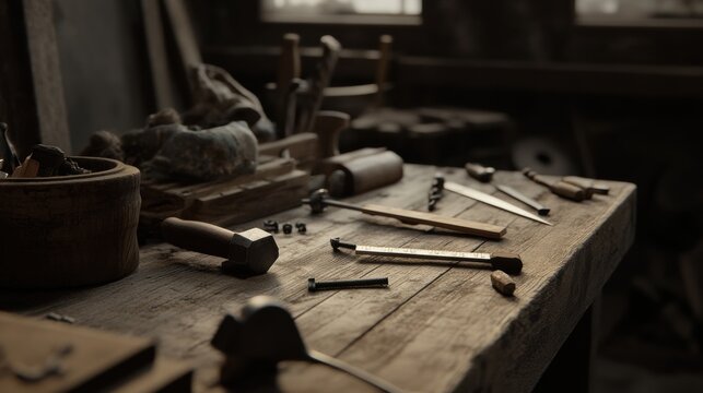 Explore artisanal woodworking craftsmanship in this rustic workshop setting, featuring traditional tools on a vintage wooden table.