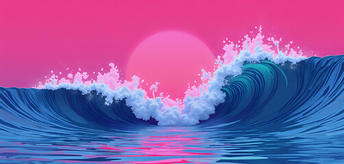 digital art of a pink sunset over the ocean with waves
