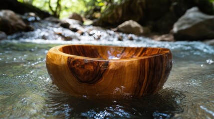 Handcrafted wooden bowl in serene forest stream, showcasing natural beauty and artisanal craftsmanship. Ideal for eco-friendly decor.