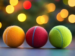 Three colorful tennis balls arranged in a row against a blurred festive background.