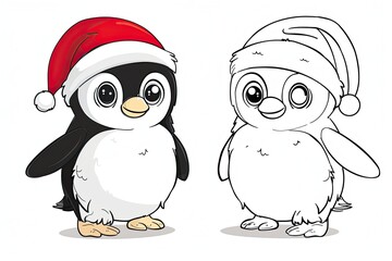 Fototapeta premium Black-and-white Christmas coloring page and its vibrant colored version for kids