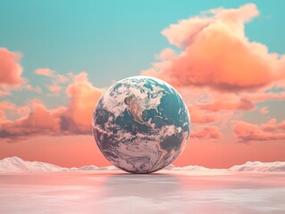 A surreal depiction of Earth floating above a serene landscape with colorful clouds.