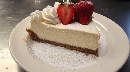 A slice of classic cheesecake topped with a fresh strawberry and served on a clean white plate 