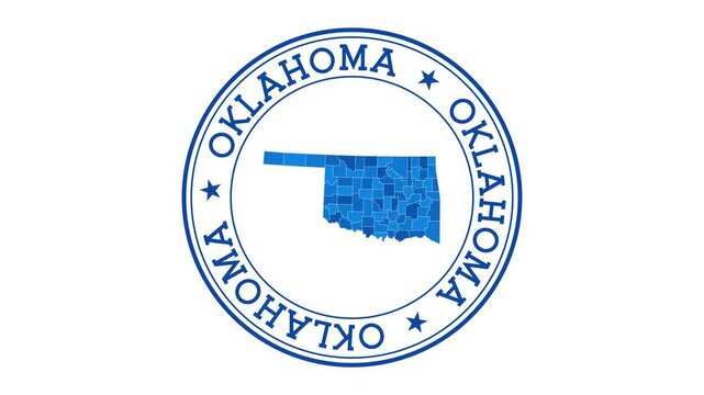 Oklahoma intro. Badge with the circular name and map of the US state. Oklahoma round logo animation.